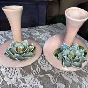 Vintage Pink Ceramic Candle Holders with Floral Accents California Pottery